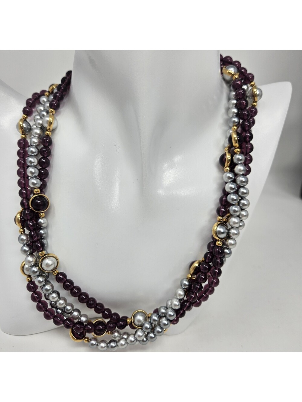 Vintage Avon Heather & Mist Double Necklace Set Faux Amethyst Pearl, Gold Tone